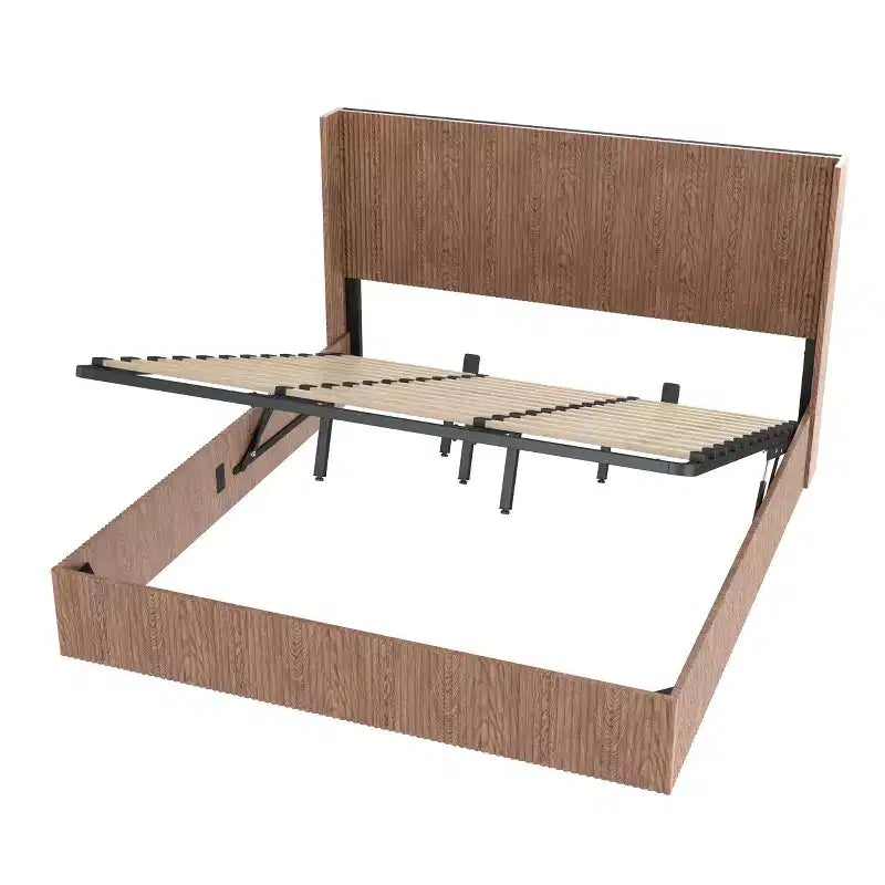 Struttura Letto Matrimoniale Extra-Large con Motivo a Onde e Contenitore Sollevabile, Senza Molle/Silenziosa, Legno Naturale a Doghe Marrone