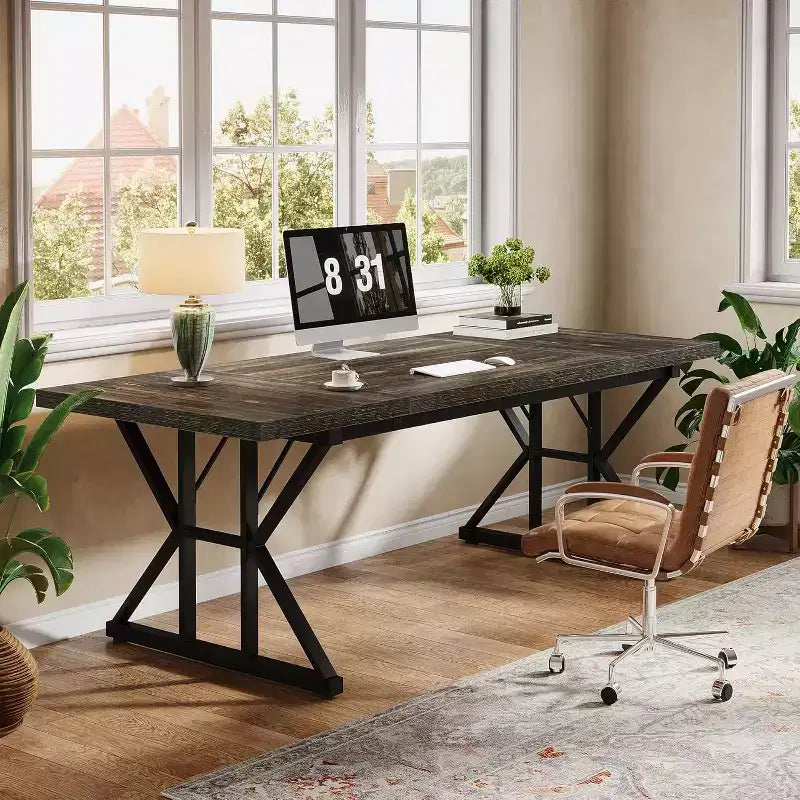 Scrivania direzionale grande da 70,86 pollici, scrivania per computer da ufficio stile industriale, semplice tavolo lungo da studio (rovere/nero)