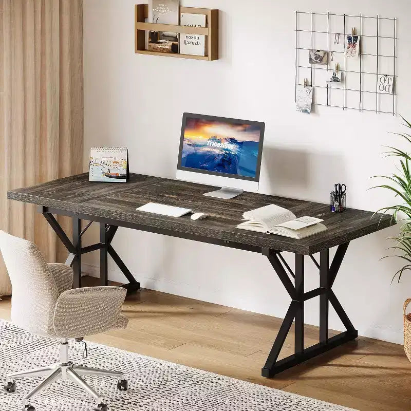 Scrivania direzionale grande da 70,86 pollici, scrivania per computer da ufficio stile industriale, semplice tavolo lungo da studio (rovere/nero)