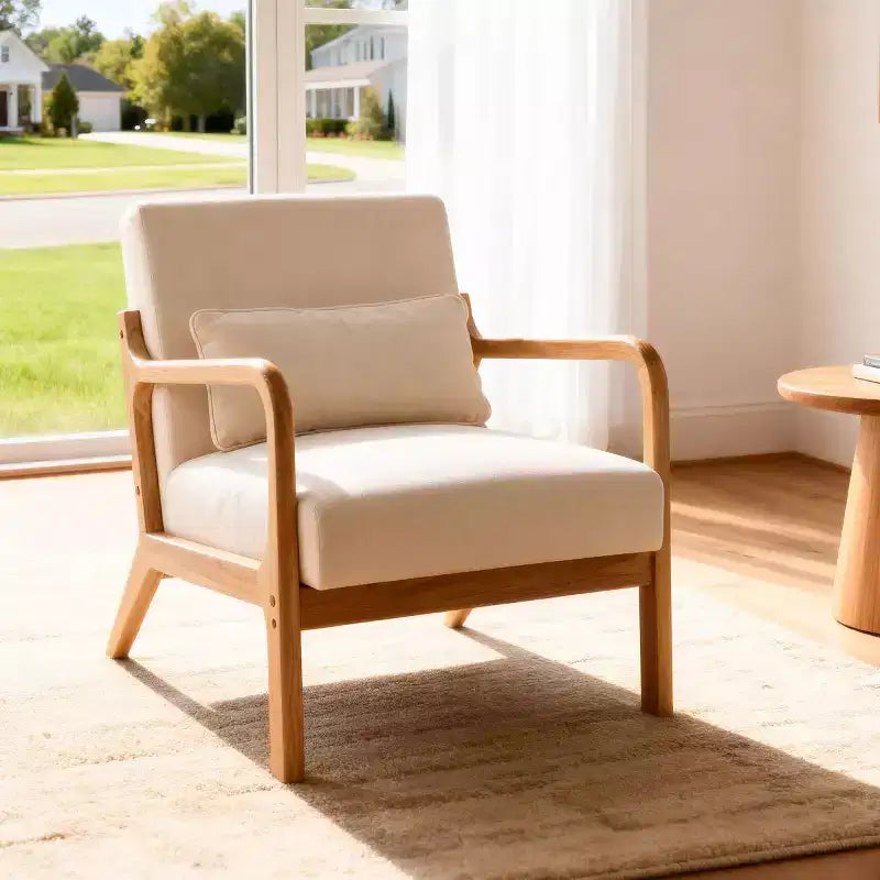 Poltrona moderna con braccioli e struttura in legno massello, elegante sedia imbottita, poltrona club per soggiorno, camera da letto o ufficio