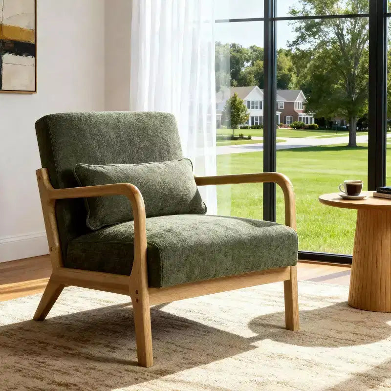 Poltrona moderna con braccioli e struttura in legno massello, elegante sedia imbottita, poltrona club per soggiorno, camera da letto o ufficio