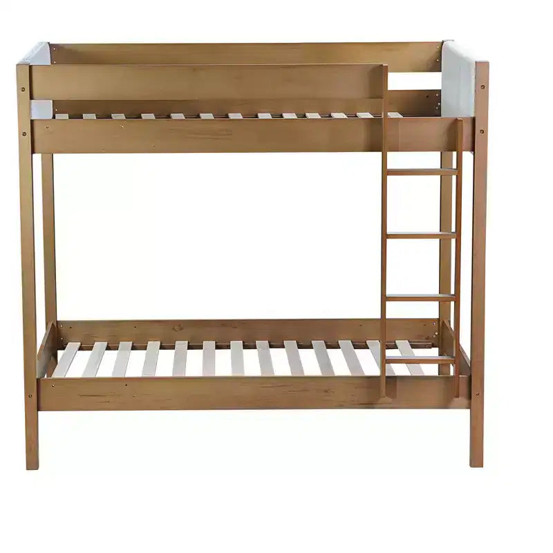 Letto a Castello Twin Over Twin con Testiera e Pediera Imbottite per Bambini e Ragazzi, Struttura in Legno con Scaletta e Sponde di Sicurezza, Naturale
