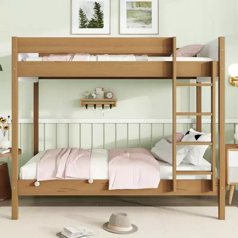 Letto a Castello Twin Over Twin con Testiera e Pediera Imbottite per Bambini e Ragazzi, Struttura in Legno con Scaletta e Sponde di Sicurezza, Naturale