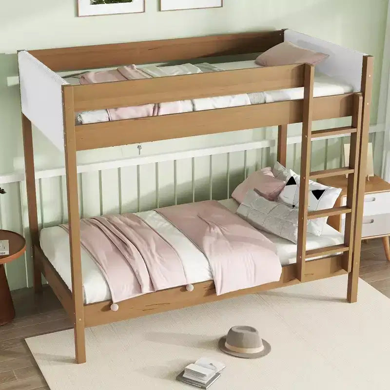 Letto a Castello Twin Over Twin con Testiera e Pediera Imbottite per Bambini e Ragazzi, Struttura in Legno con Scaletta e Sponde di Sicurezza, Naturale