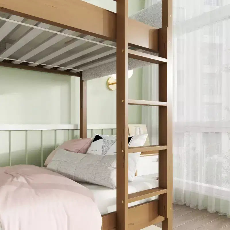Letto a Castello Twin Over Twin con Testiera e Pediera Imbottite per Bambini e Ragazzi, Struttura in Legno con Scaletta e Sponde di Sicurezza, Naturale