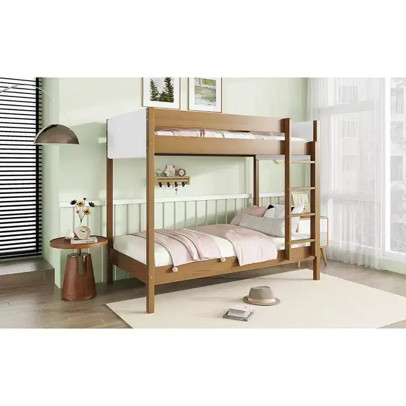 Letto a Castello Twin Over Twin con Testiera e Pediera Imbottite per Bambini e Ragazzi, Struttura in Legno con Scaletta e Sponde di Sicurezza, Naturale