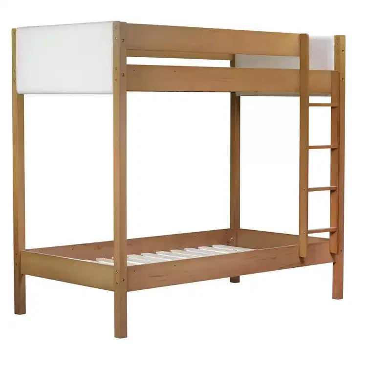 Letto a Castello Twin Over Twin con Testiera e Pediera Imbottite per Bambini e Ragazzi, Struttura in Legno con Scaletta e Sponde di Sicurezza, Naturale