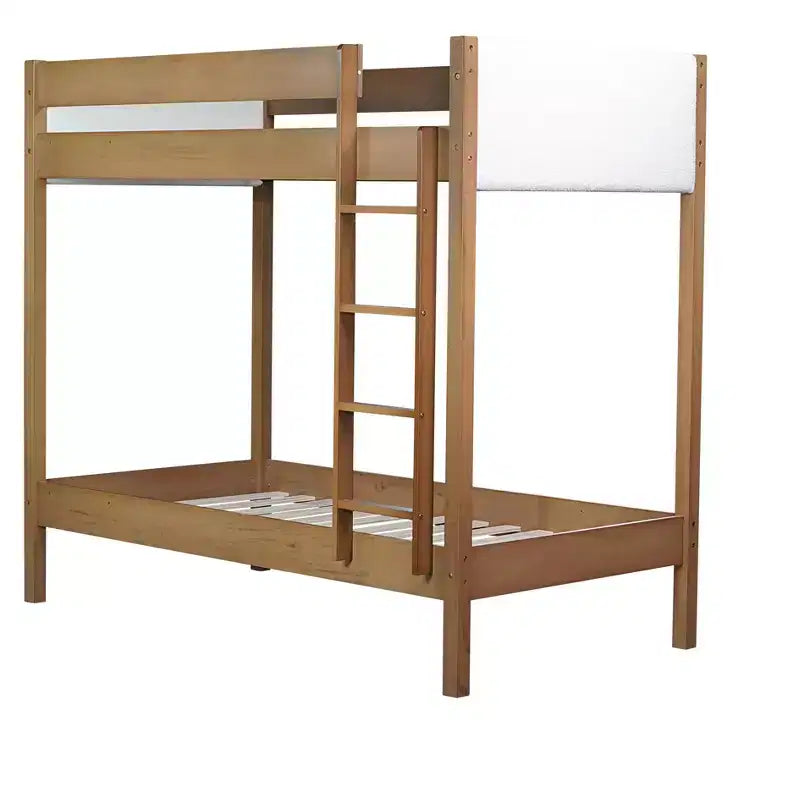 Letto a Castello Twin Over Twin con Testiera e Pediera Imbottite per Bambini e Ragazzi, Struttura in Legno con Scaletta e Sponde di Sicurezza, Naturale