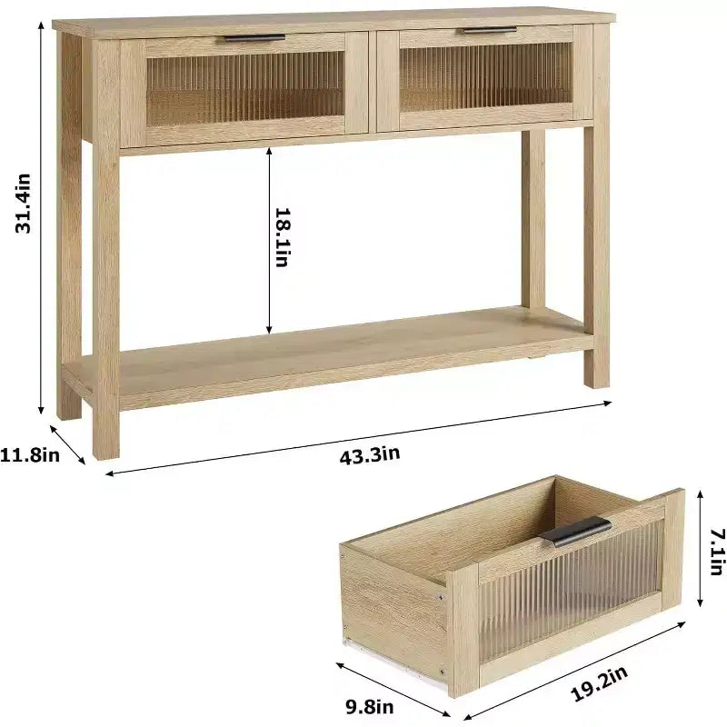 Consolle rustica in legno con 2 cassetti in vetro - Tavolino da divano stretto a 2 livelli - Scaffale portaoggetti aperto per soggiorno, corridoio, atrio, cucina, ufficio