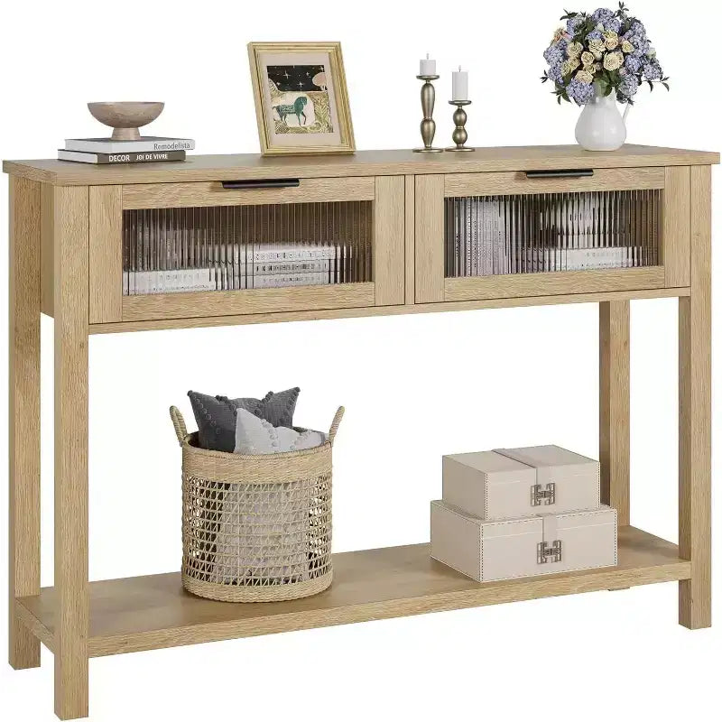 Consolle rustica in legno con 2 cassetti in vetro - Tavolino da divano stretto a 2 livelli - Scaffale portaoggetti aperto per soggiorno, corridoio, atrio, cucina, ufficio