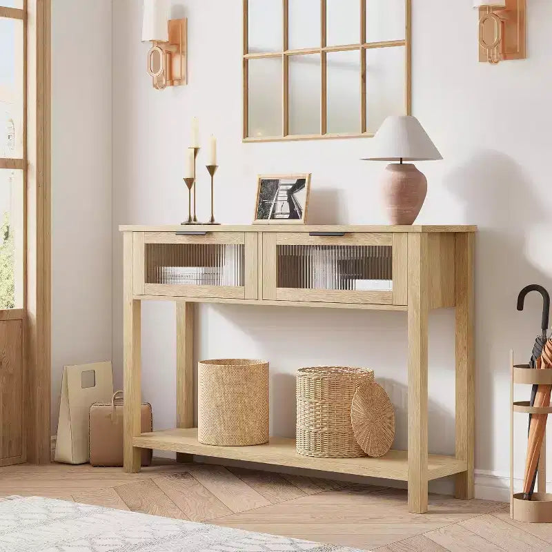 Consolle rustica in legno con 2 cassetti in vetro - Tavolino da divano stretto a 2 livelli - Scaffale portaoggetti aperto per soggiorno, corridoio, atrio, cucina, ufficio