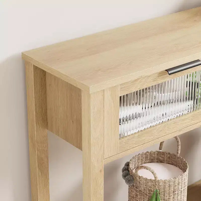 Consolle rustica in legno con 2 cassetti in vetro - Tavolino da divano stretto a 2 livelli - Scaffale portaoggetti aperto per soggiorno, corridoio, atrio, cucina, ufficio