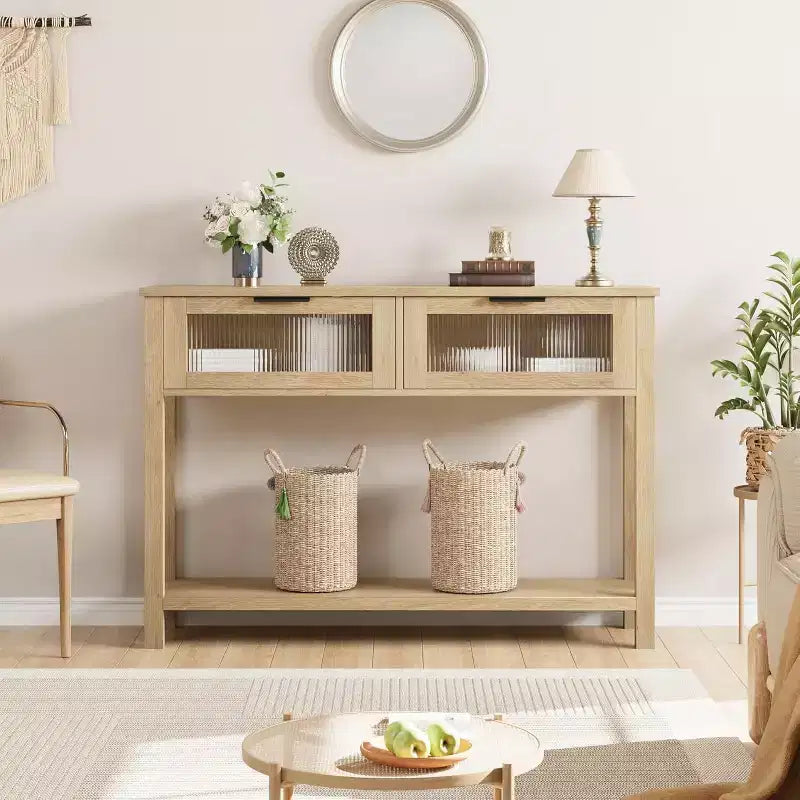 Consolle rustica in legno con 2 cassetti in vetro - Tavolino da divano stretto a 2 livelli - Scaffale portaoggetti aperto per soggiorno, corridoio, atrio, cucina, ufficio
