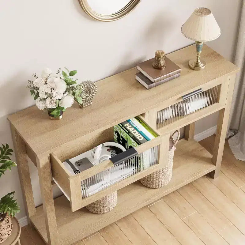 Consolle rustica in legno con 2 cassetti in vetro - Tavolino da divano stretto a 2 livelli - Scaffale portaoggetti aperto per soggiorno, corridoio, atrio, cucina, ufficio