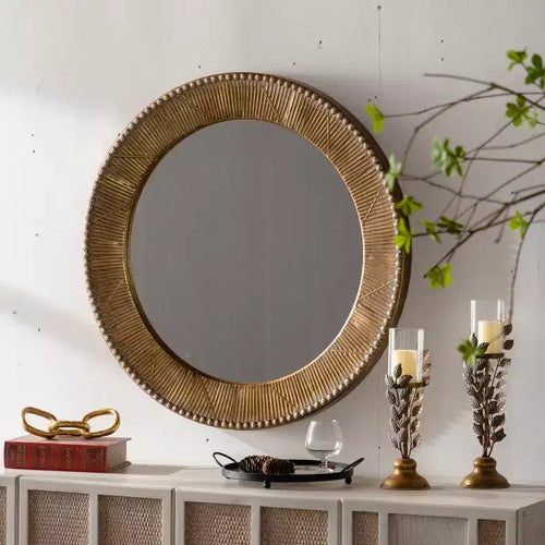 Specchio da Parete Rotondo di Lusso da 31" con Cornice Testurizzata, Specchio d'Accento Boho per Soggiorno, Ingresso o Corridoio