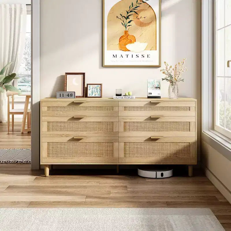 Cassettiera a 6 cassetti in rattan da 59 pollici, armadio porta abiti per camera da letto, maniglie in metallo e gambe in legno, colore naturale