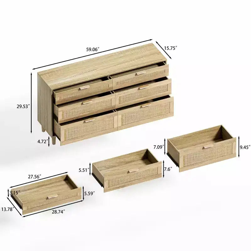 Cassettiera a 6 cassetti in rattan da 59 pollici, armadio porta abiti per camera da letto, maniglie in metallo e gambe in legno, colore naturale