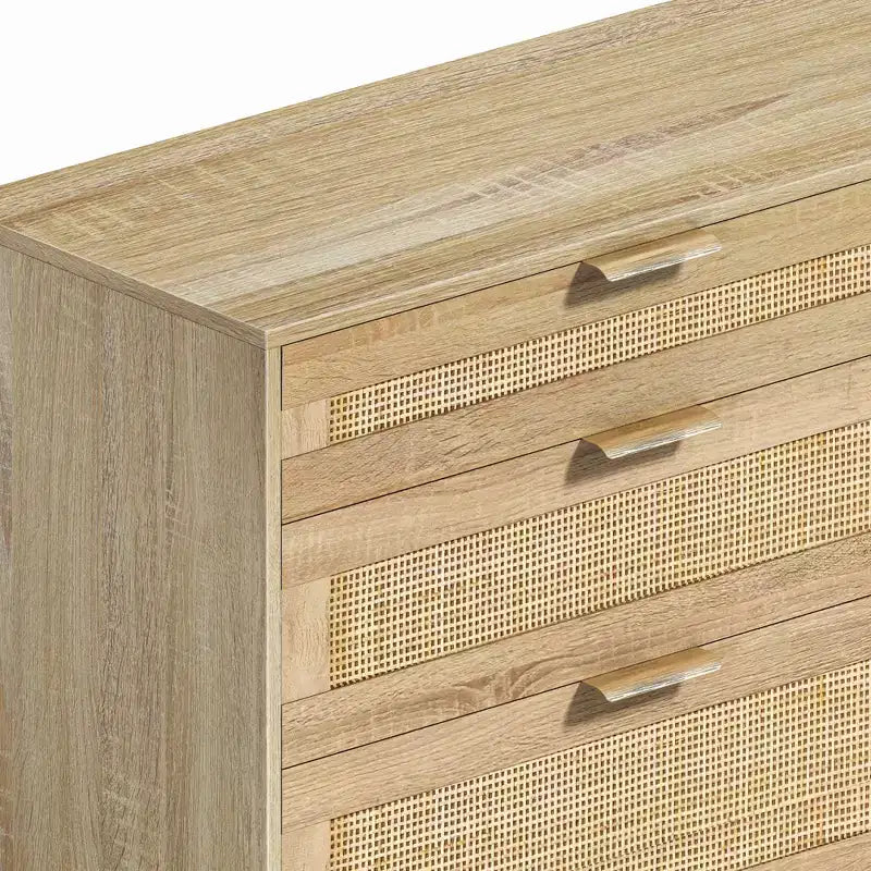 Cassettiera a 6 cassetti in rattan da 59 pollici, armadio porta abiti per camera da letto, maniglie in metallo e gambe in legno, colore naturale