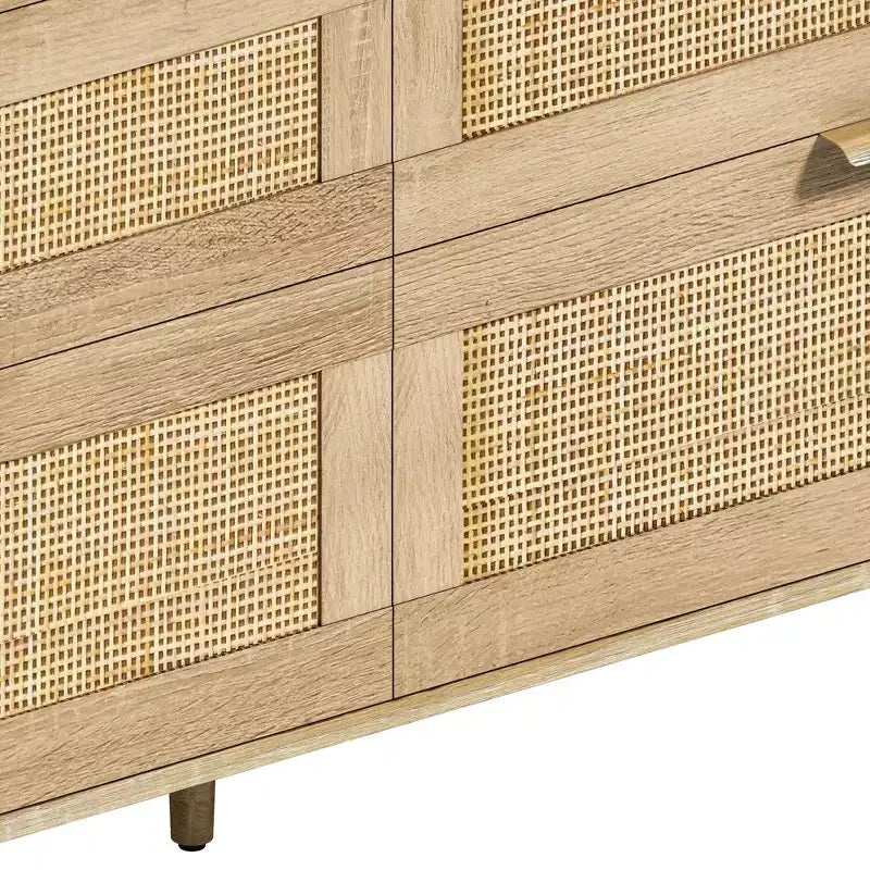 Cassettiera a 6 cassetti in rattan da 59 pollici, armadio porta abiti per camera da letto, maniglie in metallo e gambe in legno, colore naturale