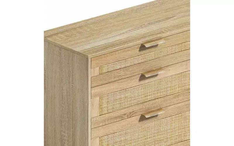 Cassettiera a 6 cassetti in rattan da 59 pollici, armadio porta abiti per camera da letto, maniglie in metallo e gambe in legno, colore naturale
