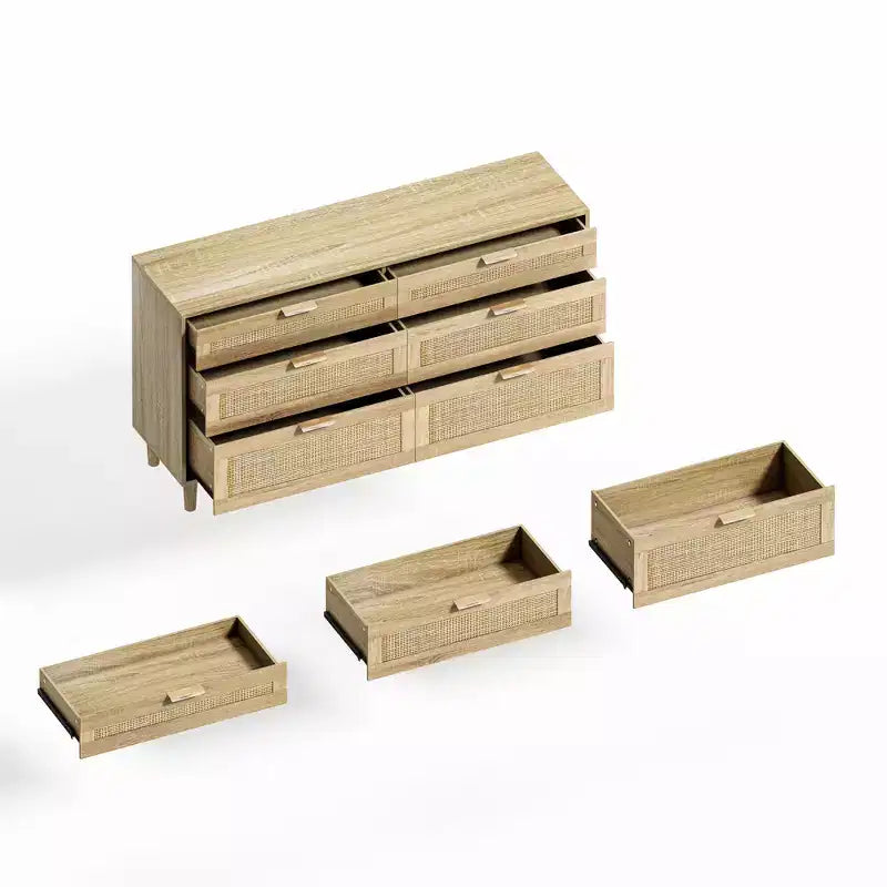 Cassettiera a 6 cassetti in rattan da 59 pollici, armadio porta abiti per camera da letto, maniglie in metallo e gambe in legno, colore naturale