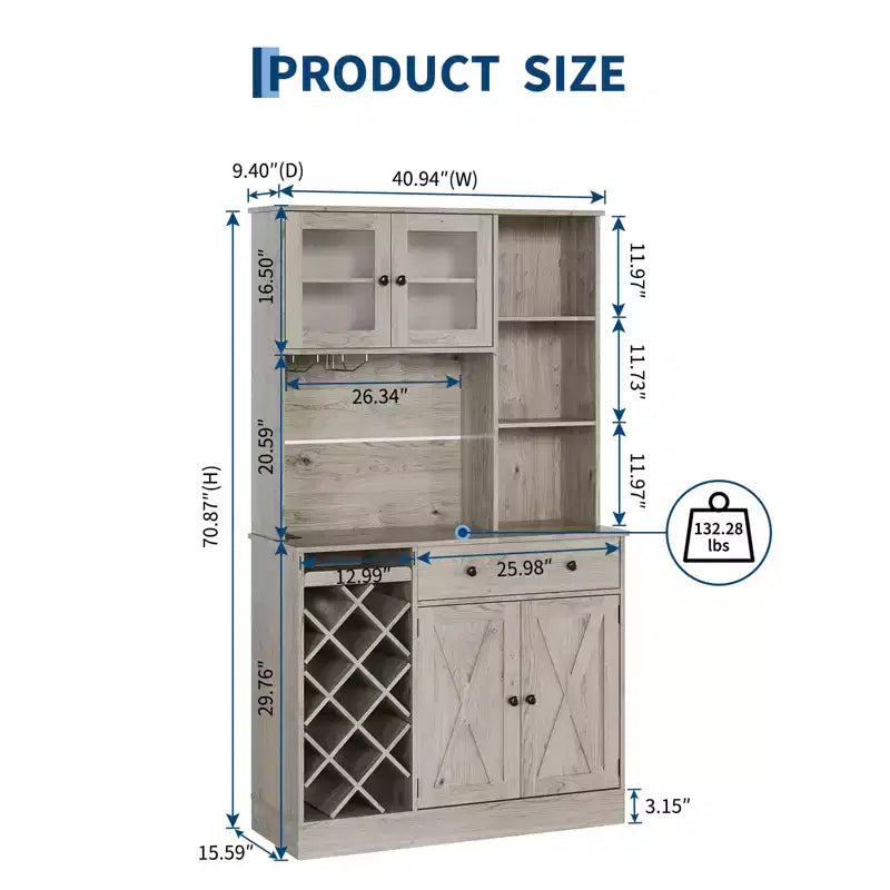 Credenza da Fattoria con Ante a Scomparsa, Mobile Contenitore con Portabottiglie per Cucina, Sala da Pranzo, Soggiorno