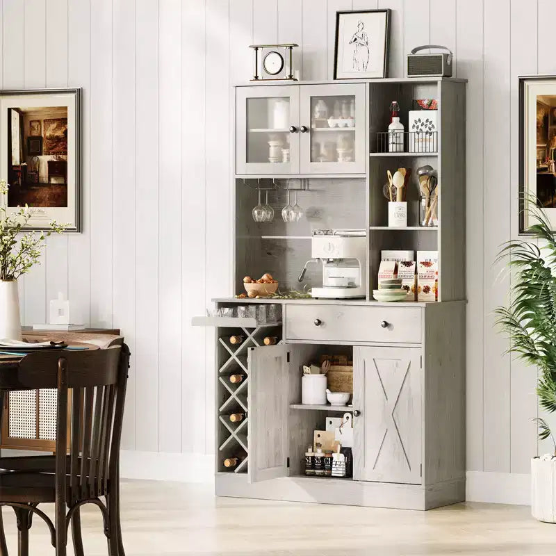 Credenza da Fattoria con Ante a Scomparsa, Mobile Contenitore con Portabottiglie per Cucina, Sala da Pranzo, Soggiorno