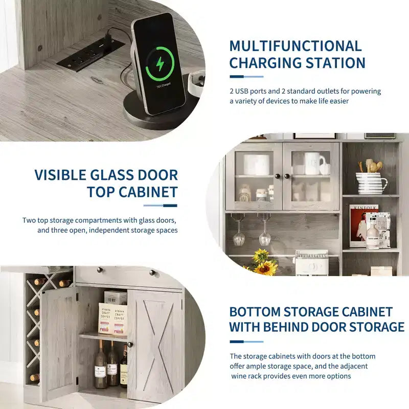 Credenza da Fattoria con Ante a Scomparsa, Mobile Contenitore con Portabottiglie per Cucina, Sala da Pranzo, Soggiorno