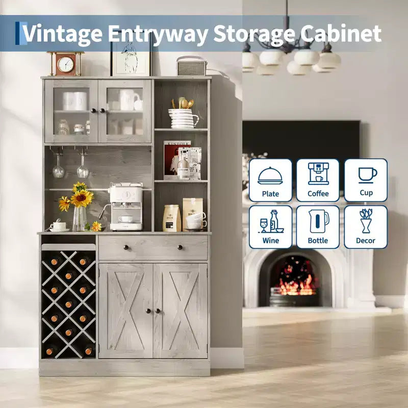 Credenza da Fattoria con Ante a Scomparsa, Mobile Contenitore con Portabottiglie per Cucina, Sala da Pranzo, Soggiorno