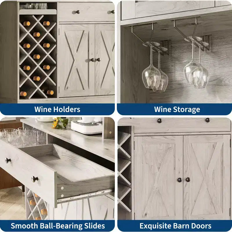 Credenza da Fattoria con Ante a Scomparsa, Mobile Contenitore con Portabottiglie per Cucina, Sala da Pranzo, Soggiorno