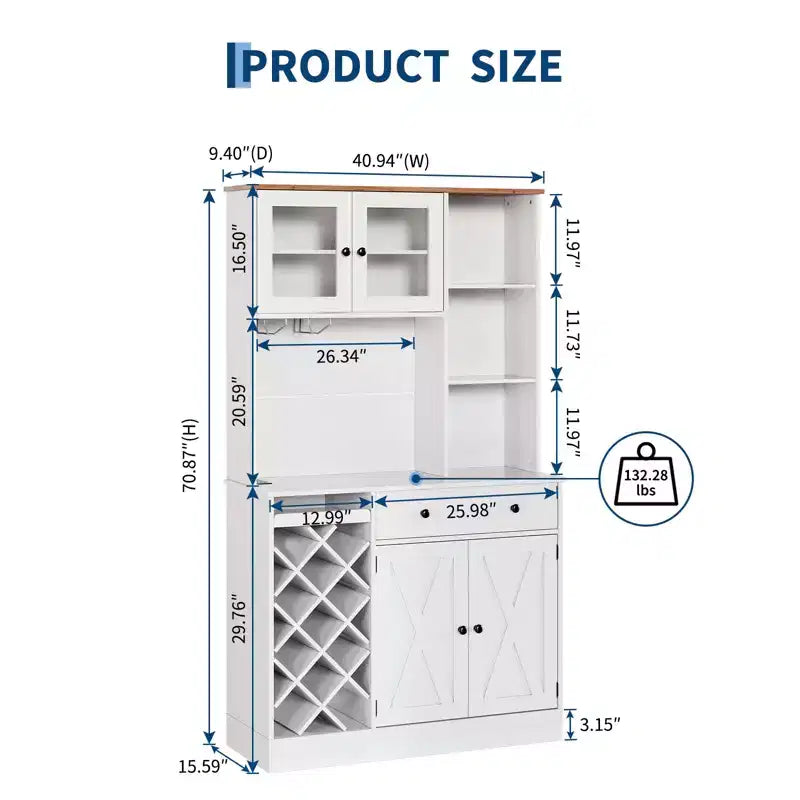 Credenza da Fattoria con Ante a Scomparsa, Mobile Contenitore con Portabottiglie per Cucina, Sala da Pranzo, Soggiorno