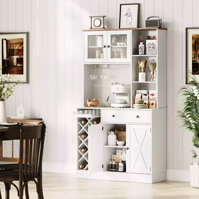 Credenza da Fattoria con Ante a Scomparsa, Mobile Contenitore con Portabottiglie per Cucina, Sala da Pranzo, Soggiorno