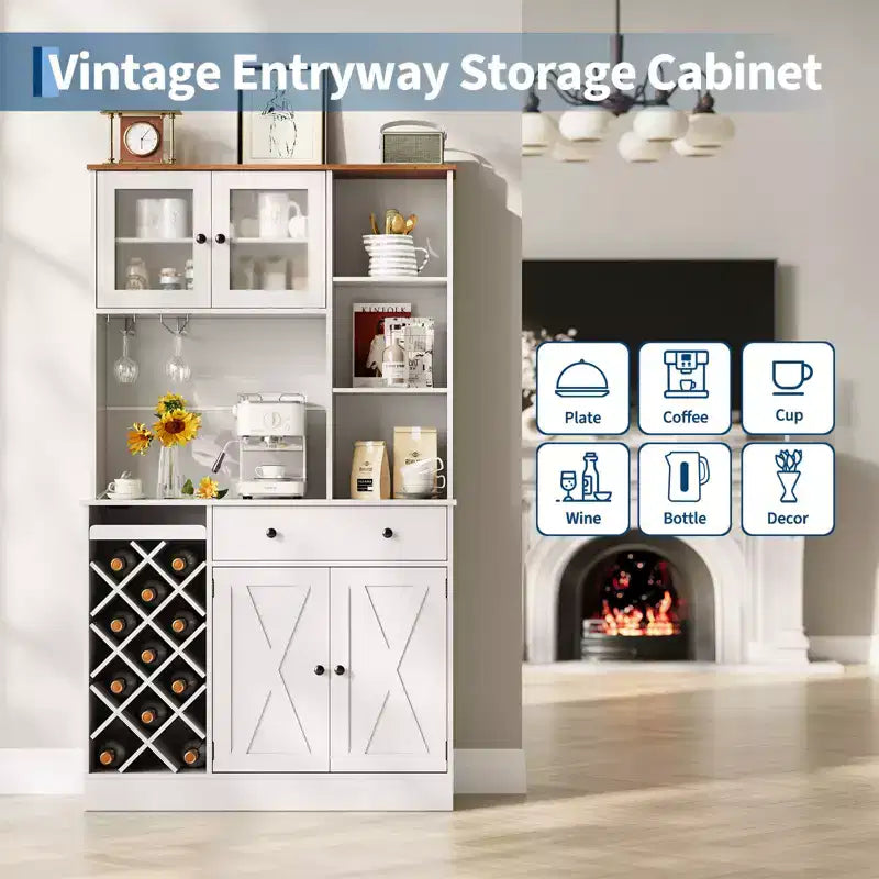 Credenza da Fattoria con Ante a Scomparsa, Mobile Contenitore con Portabottiglie per Cucina, Sala da Pranzo, Soggiorno