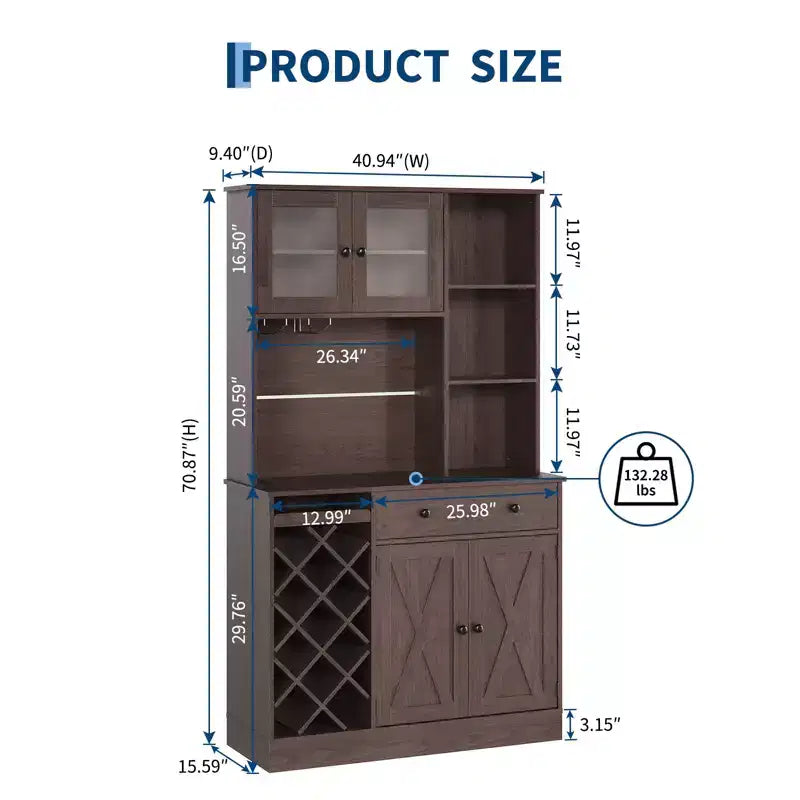 Credenza da Fattoria con Ante a Scomparsa, Mobile Contenitore con Portabottiglie per Cucina, Sala da Pranzo, Soggiorno