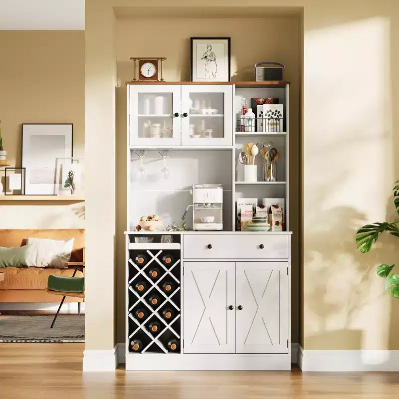 Credenza da Fattoria con Ante a Scomparsa, Mobile Contenitore con Portabottiglie per Cucina, Sala da Pranzo, Soggiorno