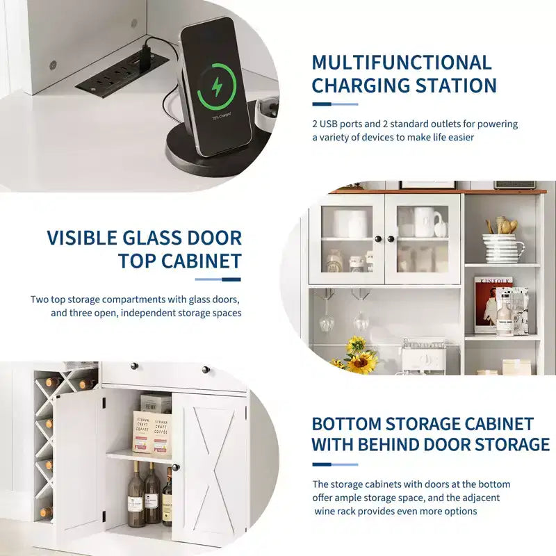 Credenza da Fattoria con Ante a Scomparsa, Mobile Contenitore con Portabottiglie per Cucina, Sala da Pranzo, Soggiorno