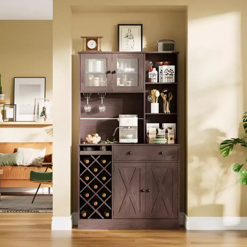 Credenza da Fattoria con Ante a Scomparsa, Mobile Contenitore con Portabottiglie per Cucina, Sala da Pranzo, Soggiorno