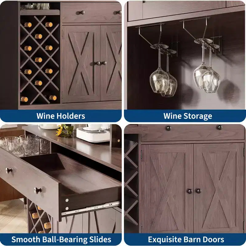 Credenza da Fattoria con Ante a Scomparsa, Mobile Contenitore con Portabottiglie per Cucina, Sala da Pranzo, Soggiorno