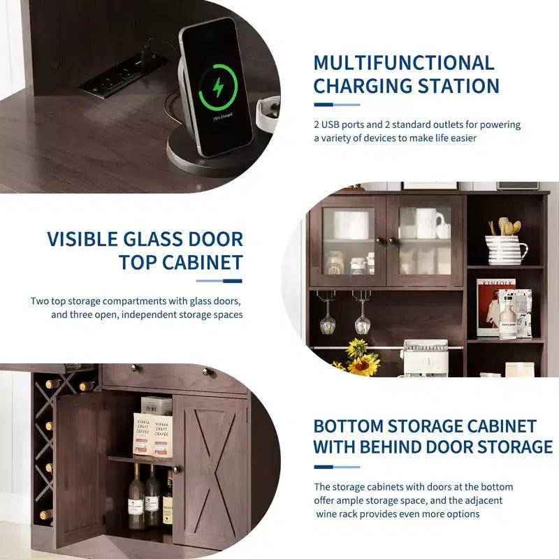 Credenza da Fattoria con Ante a Scomparsa, Mobile Contenitore con Portabottiglie per Cucina, Sala da Pranzo, Soggiorno