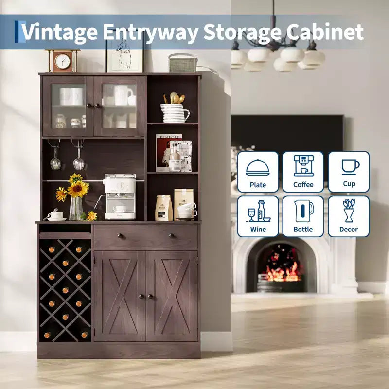 Credenza da Fattoria con Ante a Scomparsa, Mobile Contenitore con Portabottiglie per Cucina, Sala da Pranzo, Soggiorno