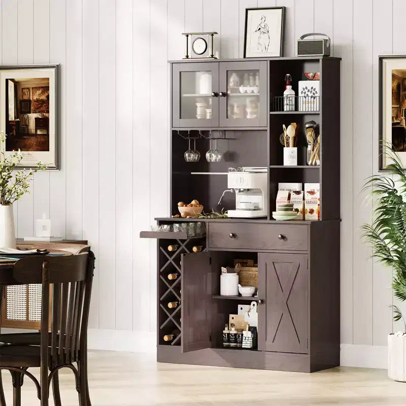 Credenza da Fattoria con Ante a Scomparsa, Mobile Contenitore con Portabottiglie per Cucina, Sala da Pranzo, Soggiorno