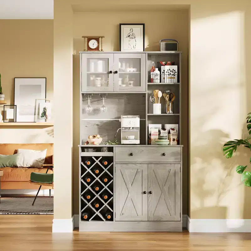 Credenza da Fattoria con Ante a Scomparsa, Mobile Contenitore con Portabottiglie per Cucina, Sala da Pranzo, Soggiorno