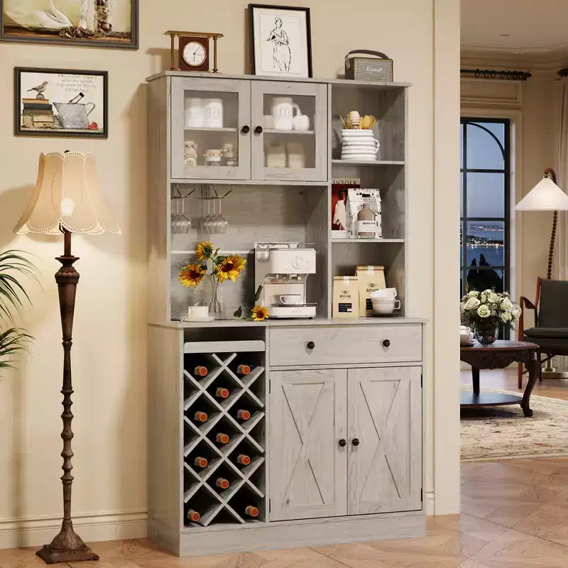 Credenza da Fattoria con Ante a Scomparsa, Mobile Contenitore con Portabottiglie per Cucina, Sala da Pranzo, Soggiorno