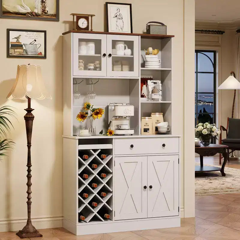 Credenza da Fattoria con Ante a Scomparsa, Mobile Contenitore con Portabottiglie per Cucina, Sala da Pranzo, Soggiorno
