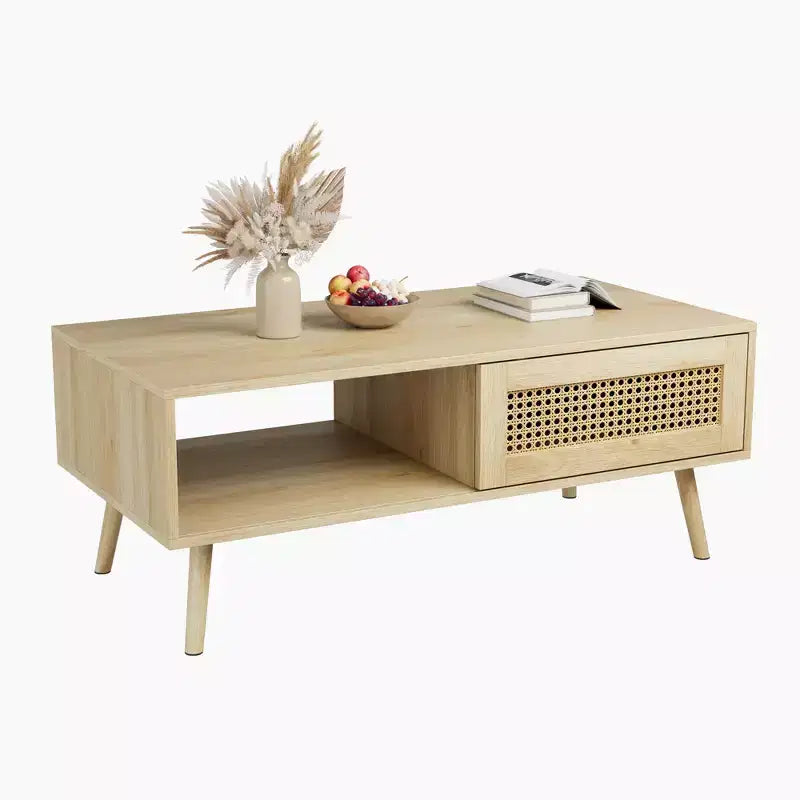 Tavolino da caffè in legno con contenitore, tavolino centrale boho con anta scorrevole e ripiano aperto per soggiorno, camera da letto, facile montaggio