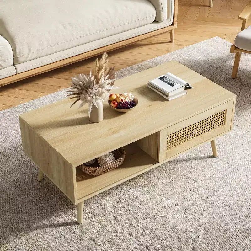 Tavolino da caffè in legno con contenitore, tavolino centrale boho con anta scorrevole e ripiano aperto per soggiorno, camera da letto, facile montaggio