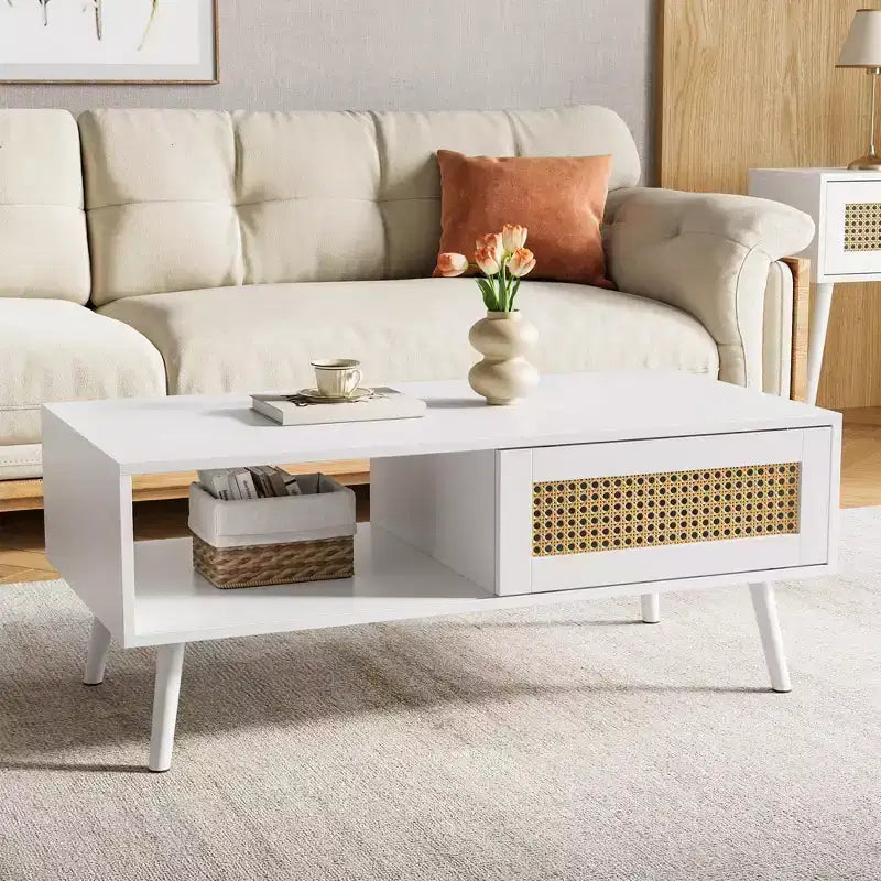 Tavolino da caffè in legno con contenitore, tavolino centrale boho con anta scorrevole e ripiano aperto per soggiorno, camera da letto, facile montaggio