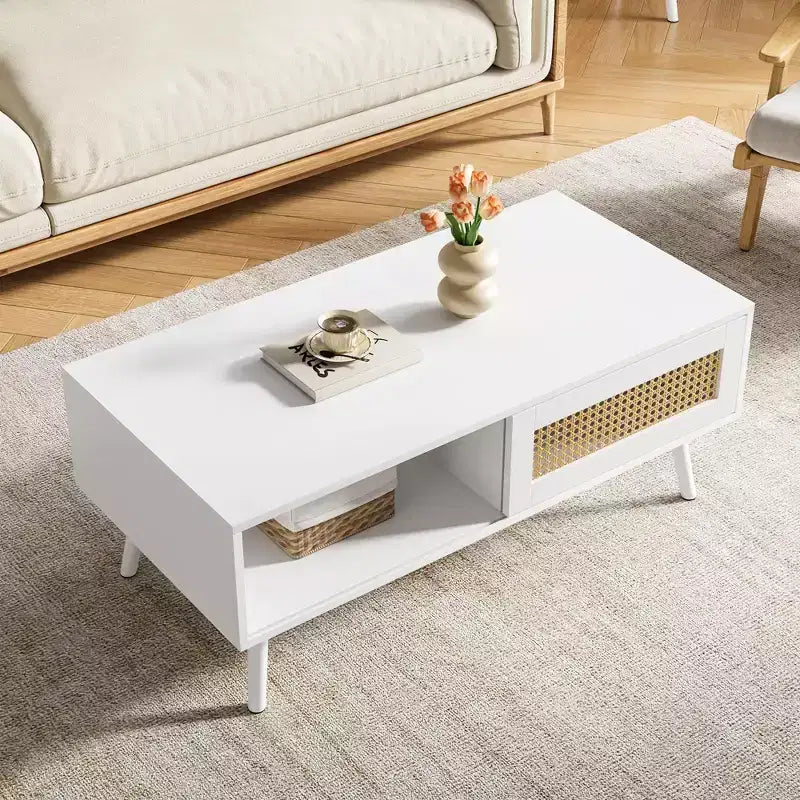 Tavolino da caffè in legno con contenitore, tavolino centrale boho con anta scorrevole e ripiano aperto per soggiorno, camera da letto, facile montaggio