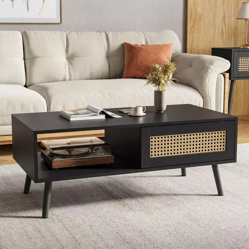 Tavolino da caffè in legno con contenitore, tavolino centrale boho con anta scorrevole e ripiano aperto per soggiorno, camera da letto, facile montaggio