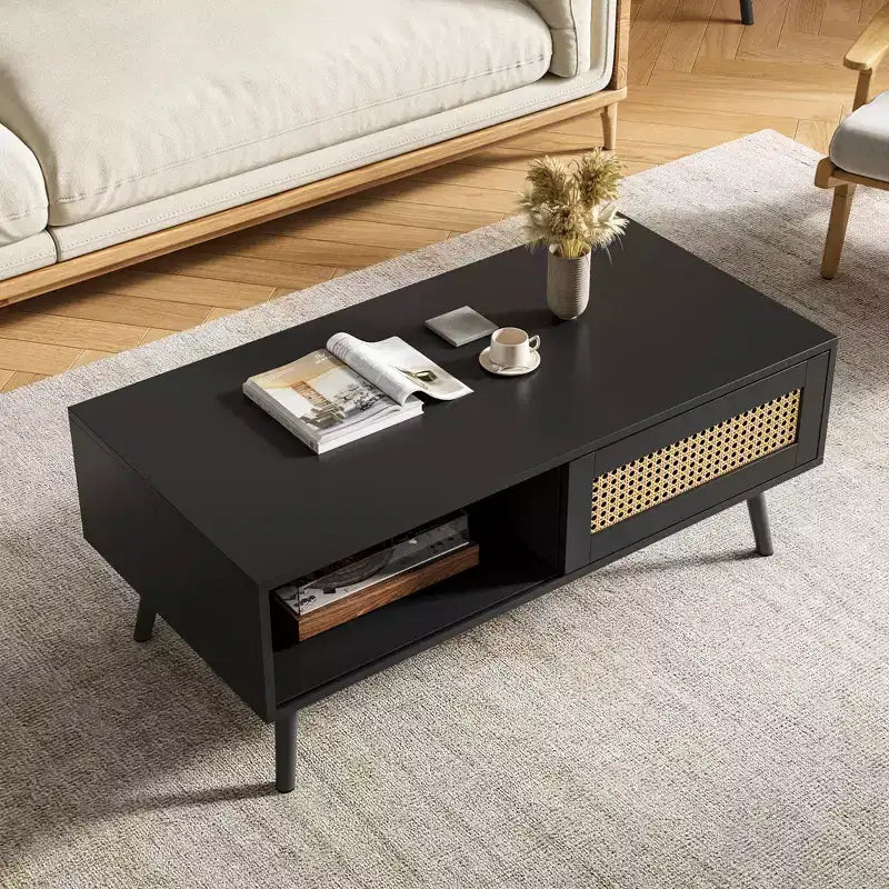 Tavolino da caffè in legno con contenitore, tavolino centrale boho con anta scorrevole e ripiano aperto per soggiorno, camera da letto, facile montaggio